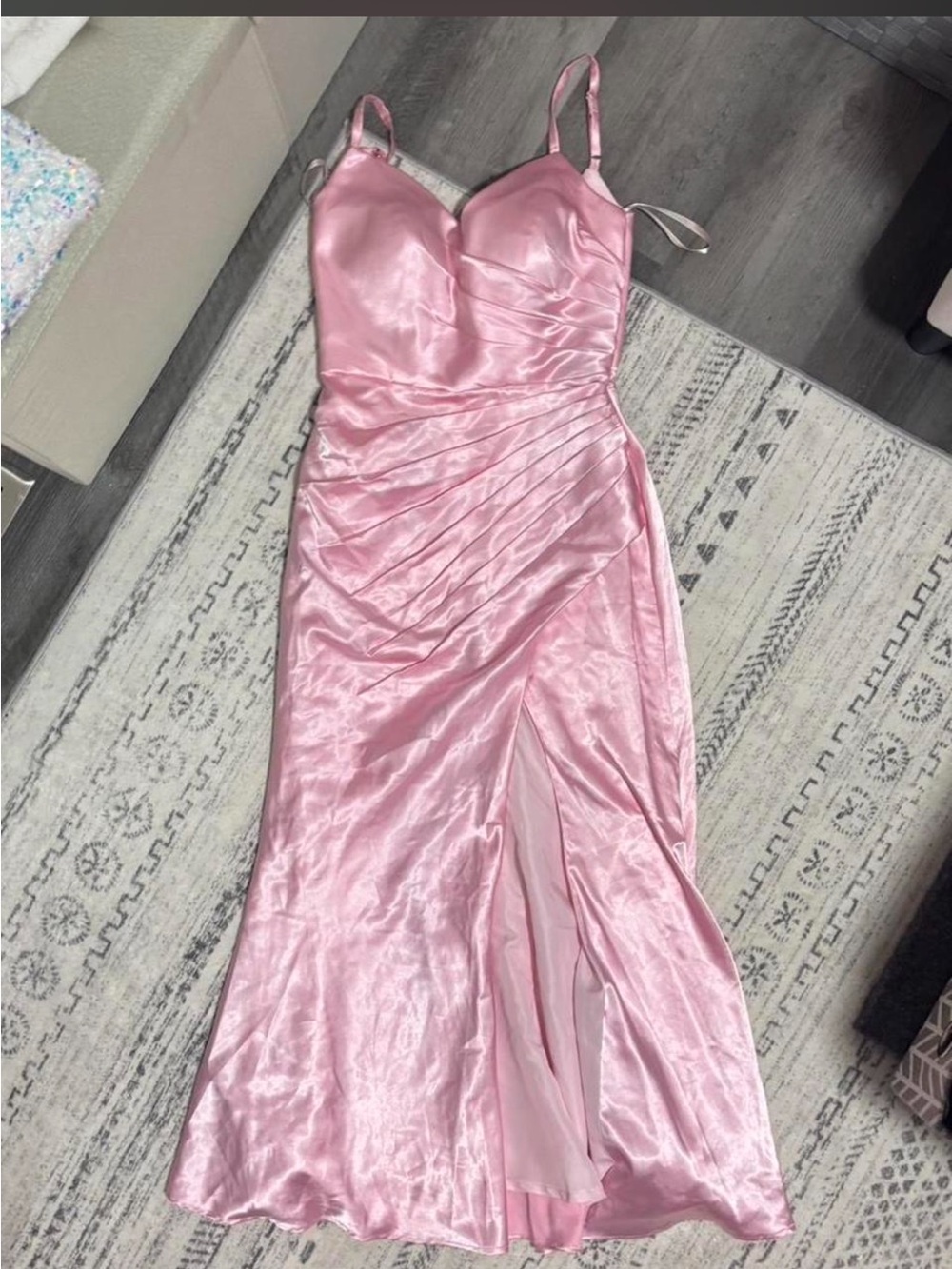 Lavetir pink satin dress with ruched detailing and slit on side